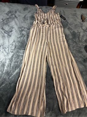 Derek Heart Striped Wide-Leg Jumpsuit in Tan and Black